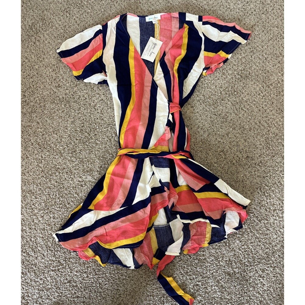 Grace Colorblock Striped Mini Wrap Dress — Navy, Pink, Yellow, White